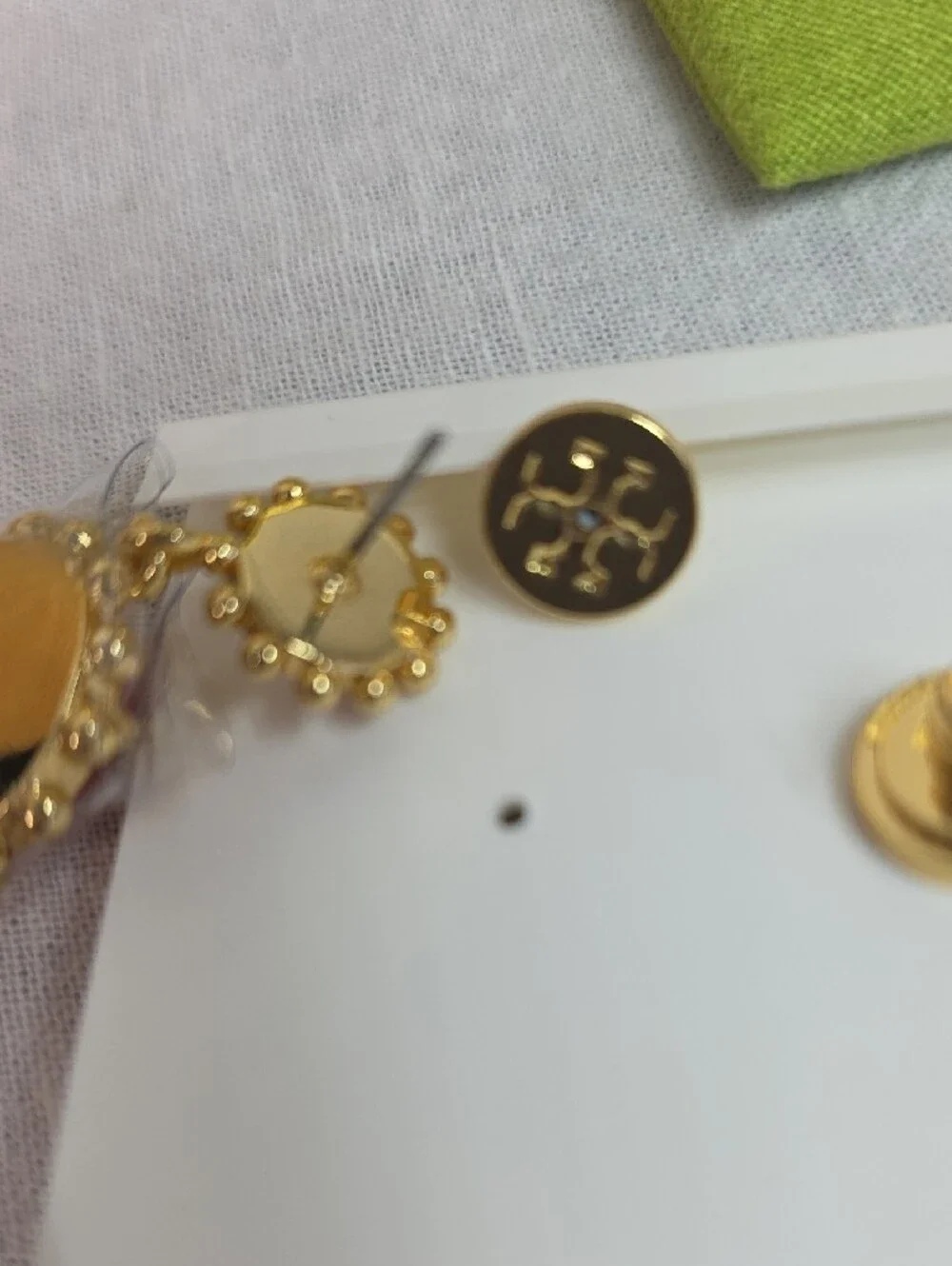 Tory Burch Gold Tone Earrings with Red Enamel and Red Drops